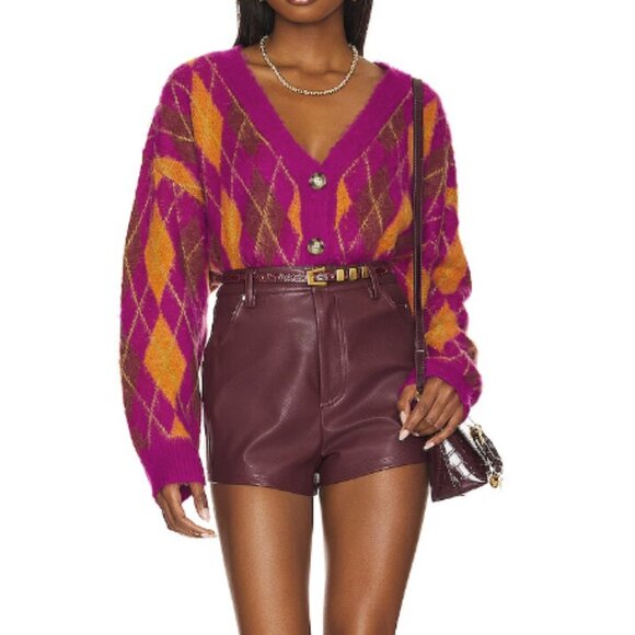 Daydreamer Sweaters - NWT Large Daydreamer Fuschia Sunset Argyle Cropped Plaid Cardigan Sweater